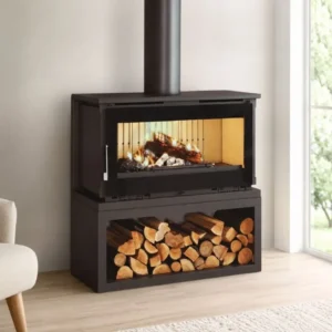 Poêle à bois raccordable 3 vitres avec bûcher – FIREMATIC Calgary – S 12.5 kW